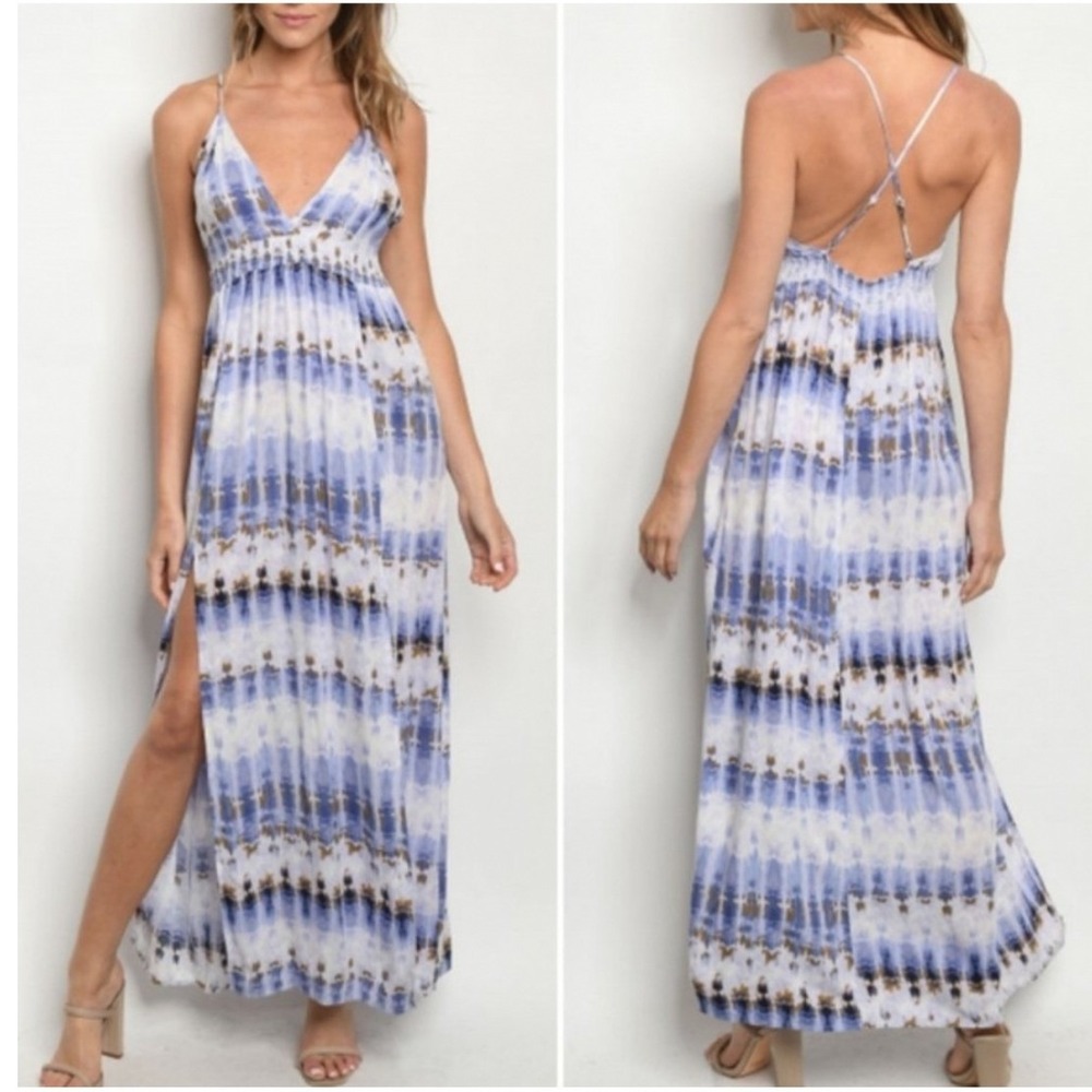 Lunik Boho Tie Dye Strappy Maxi Dress Side Slits Deep-V Neck 100% Rayon Large